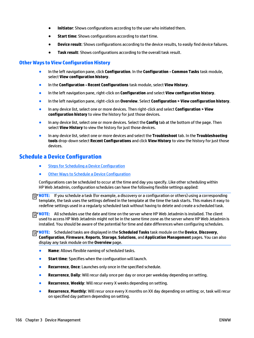 HP Web Jetadmin Software manual Schedule a Device Configuration, Other Ways to View Configuration History 