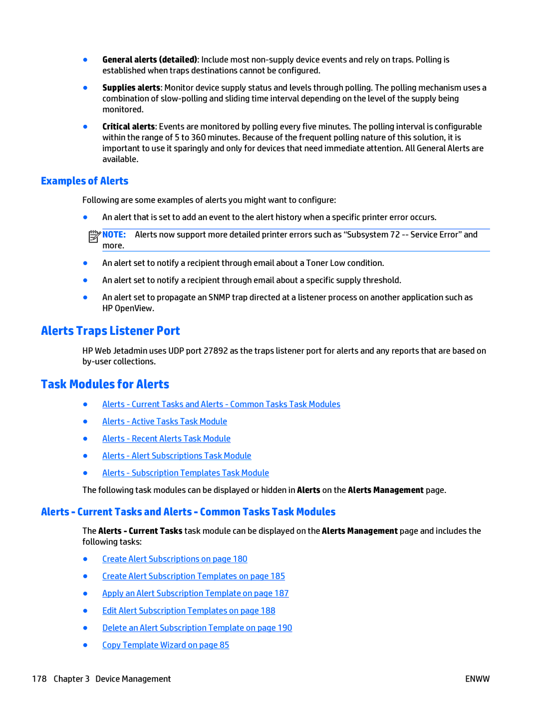 HP Web Jetadmin Software manual Alerts Traps Listener Port, Task Modules for Alerts, Examples of Alerts 