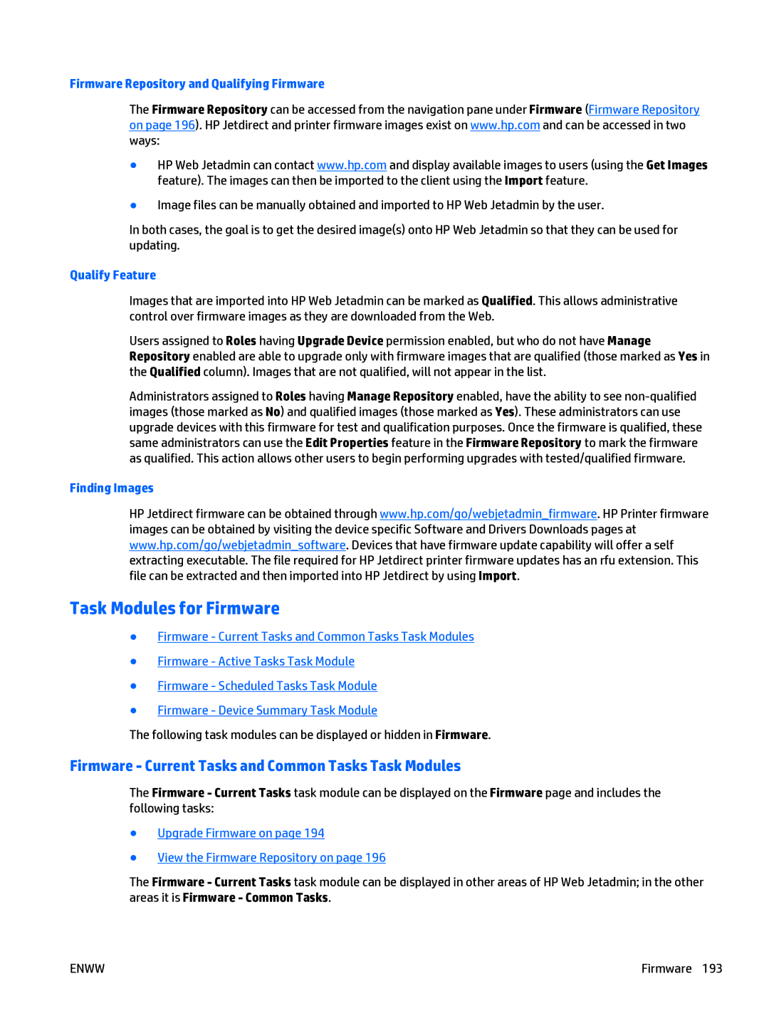 HP Web Jetadmin Software Task Modules for Firmware, Firmware Current Tasks and Common Tasks Task Modules, Qualify Feature 