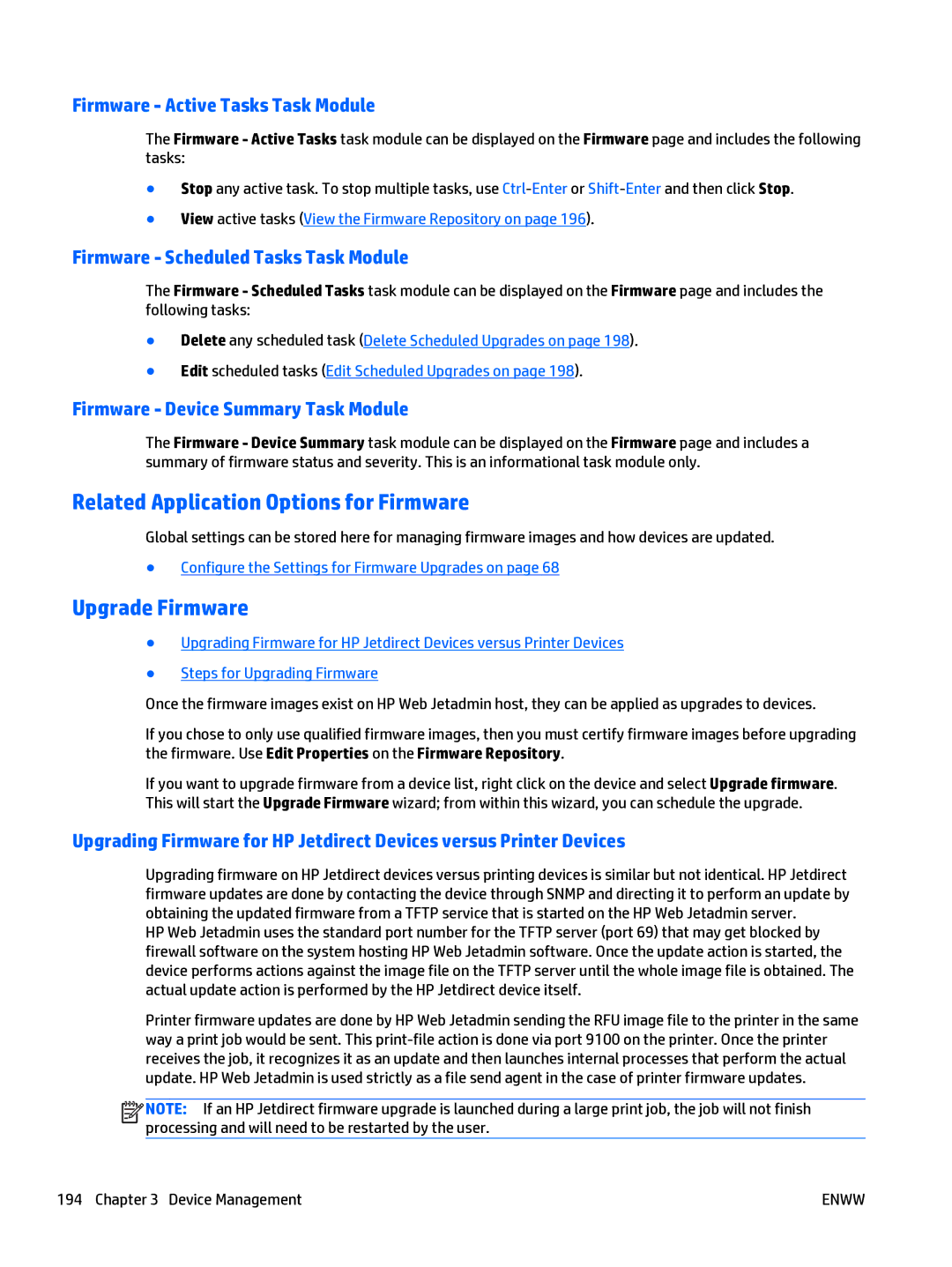 HP Web Jetadmin Software Related Application Options for Firmware, Upgrade Firmware, Firmware Active Tasks Task Module 