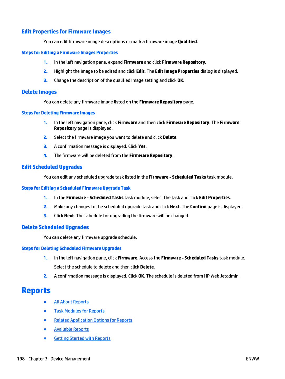 HP Web Jetadmin Software manual Reports, Edit Properties for Firmware Images, Delete Images, Edit Scheduled Upgrades 
