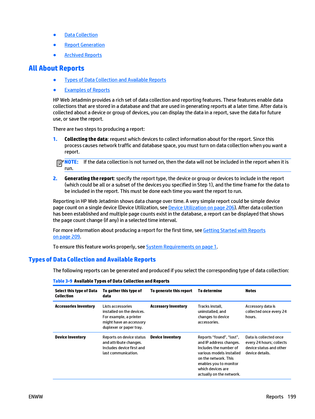 HP Web Jetadmin Software manual All About Reports, Types of Data Collection and Available Reports 