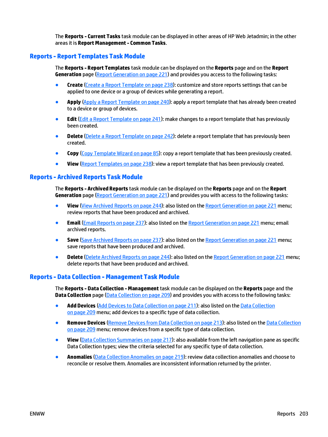 HP Web Jetadmin Software manual Reports Report Templates Task Module, Reports Archived Reports Task Module 