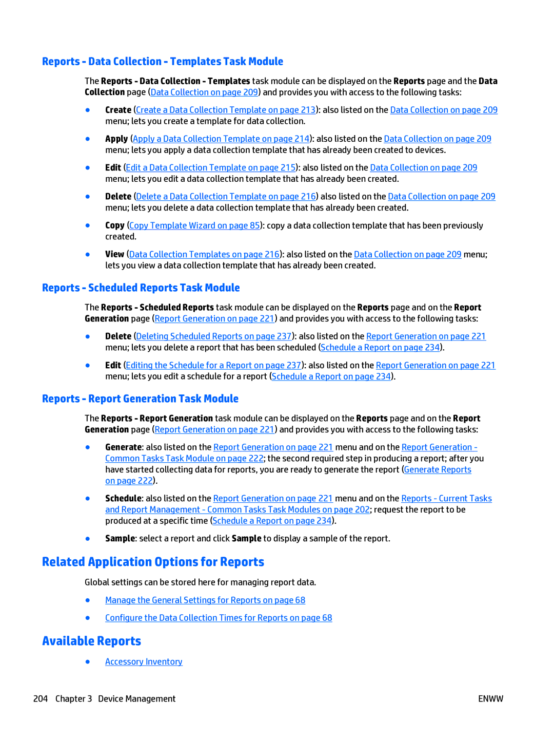 HP Web Jetadmin Software Related Application Options for Reports, Available Reports, Reports Scheduled Reports Task Module 