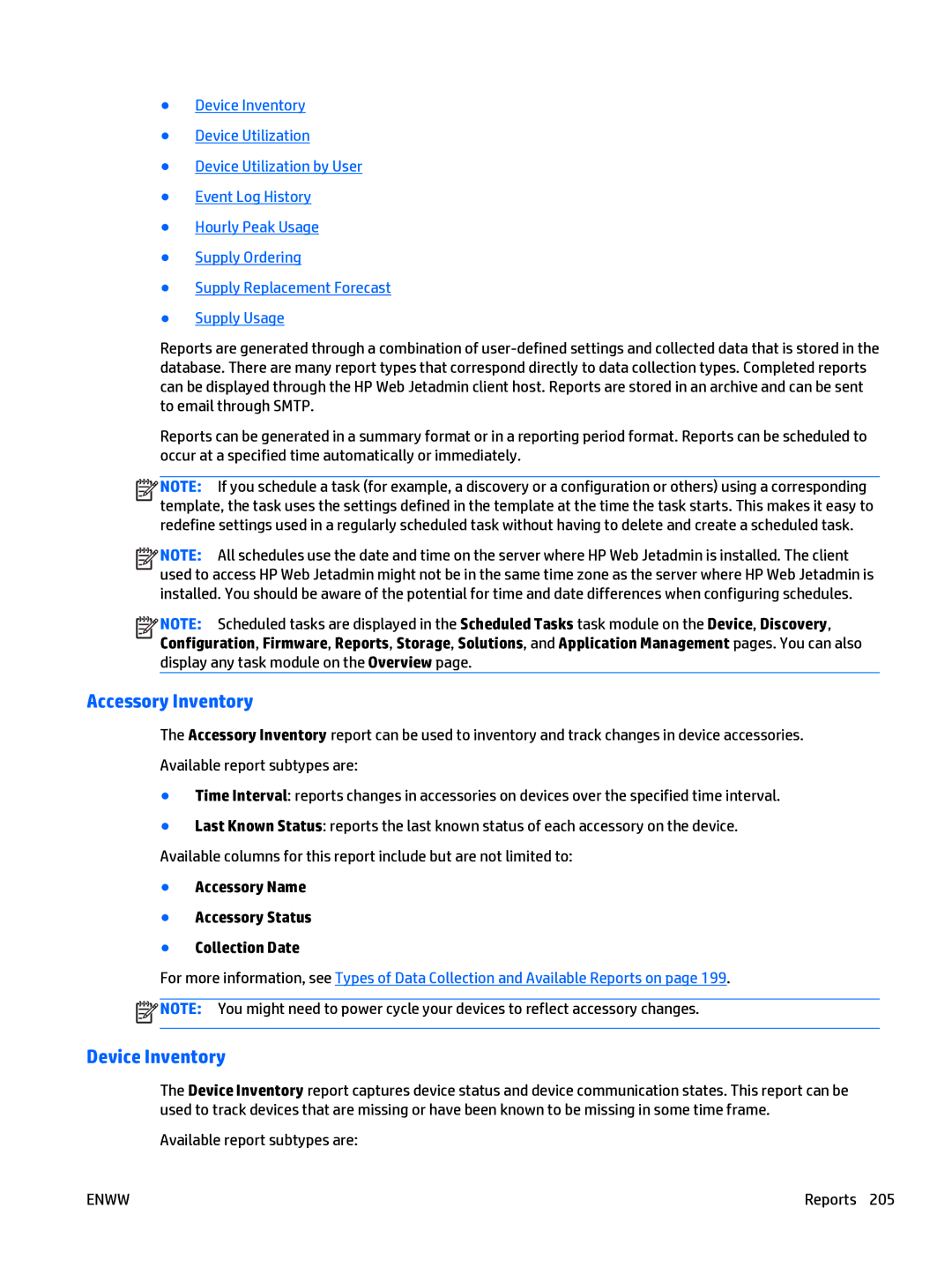 HP Web Jetadmin Software manual Accessory Inventory, Device Inventory, Accessory Name Accessory Status Collection Date 