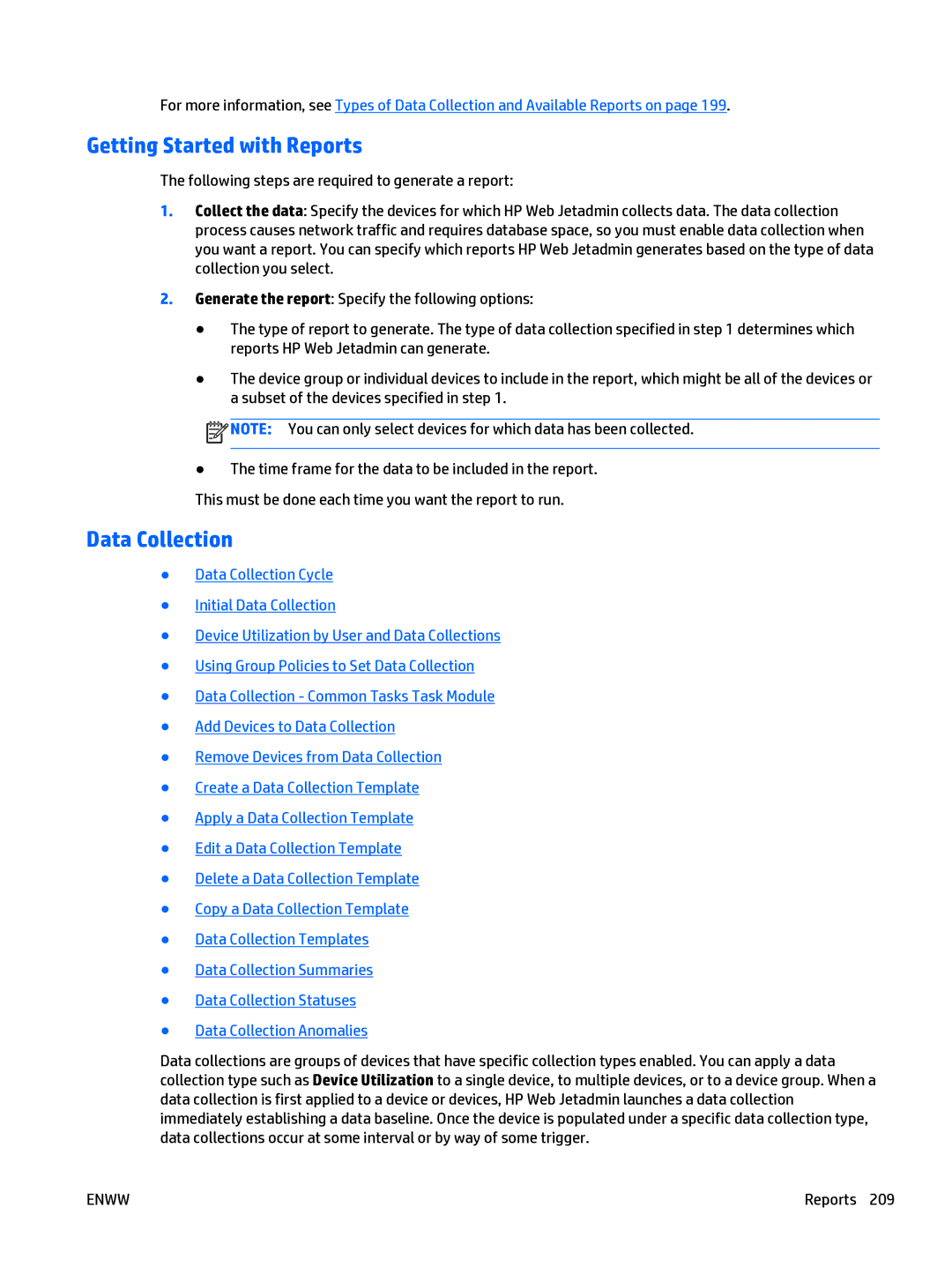 HP Web Jetadmin Software manual Getting Started with Reports, Data Collection 