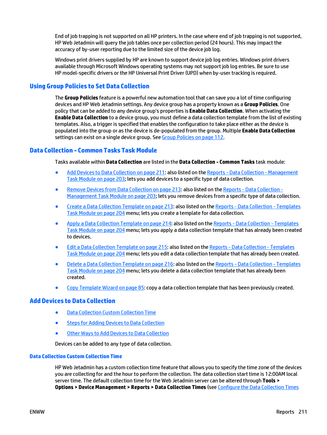 HP Web Jetadmin Software manual Using Group Policies to Set Data Collection, Data Collection Common Tasks Task Module 