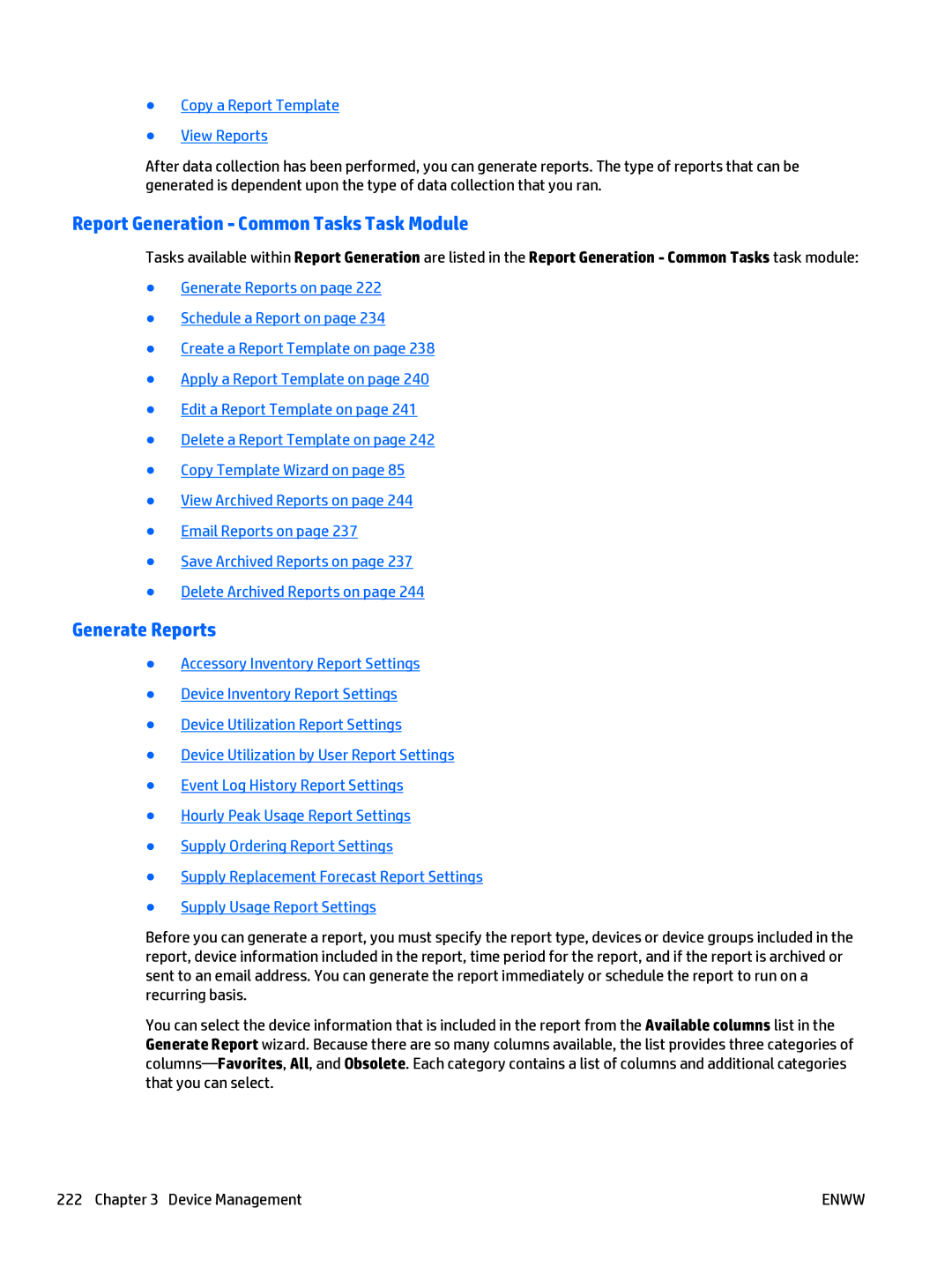 HP Web Jetadmin Software Report Generation Common Tasks Task Module, Generate Reports, Copy a Report Template View Reports 