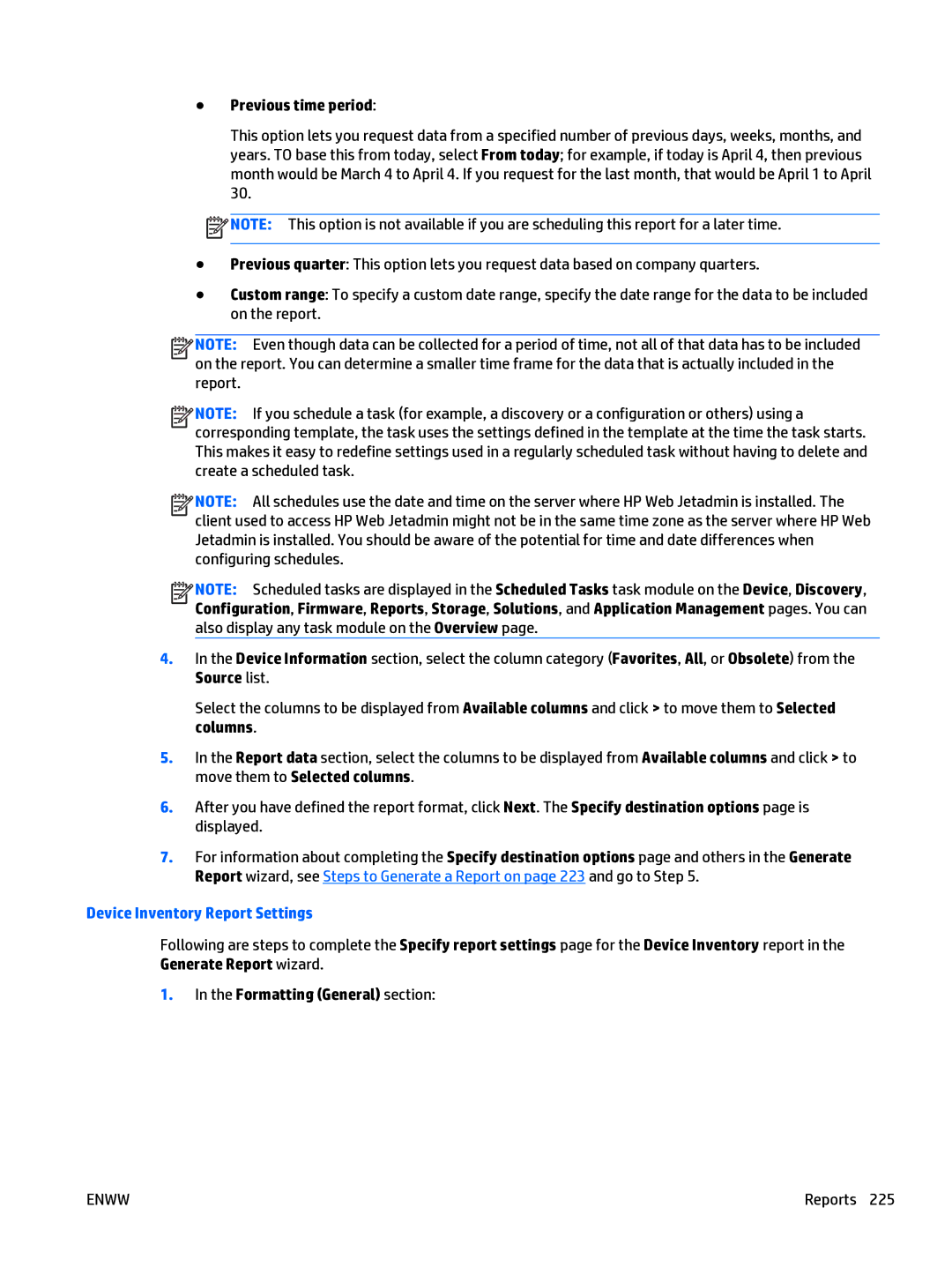 HP Web Jetadmin Software manual Previous time period, Device Inventory Report Settings 