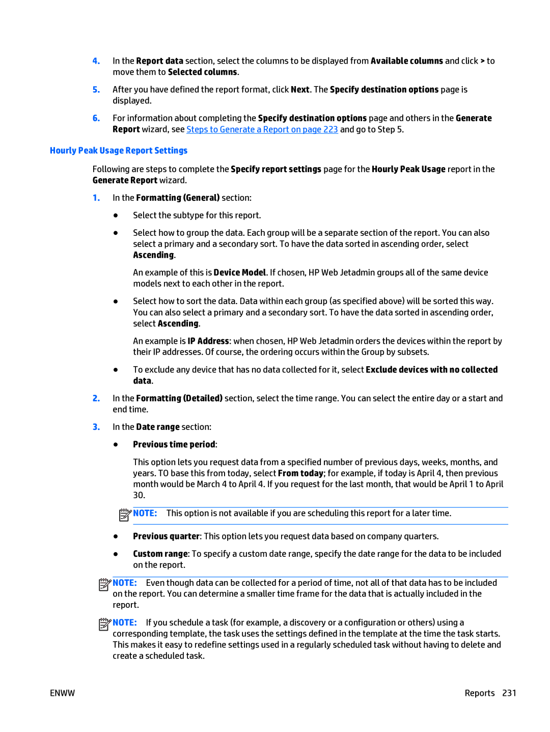 HP Web Jetadmin Software manual Hourly Peak Usage Report Settings 