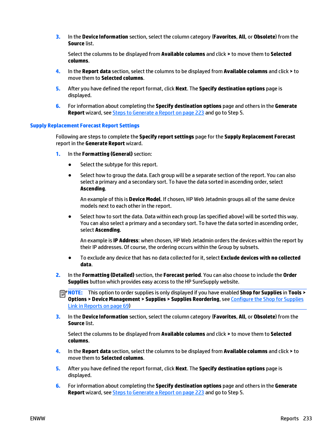 HP Web Jetadmin Software manual Supply Replacement Forecast Report Settings, Link in Reports on 