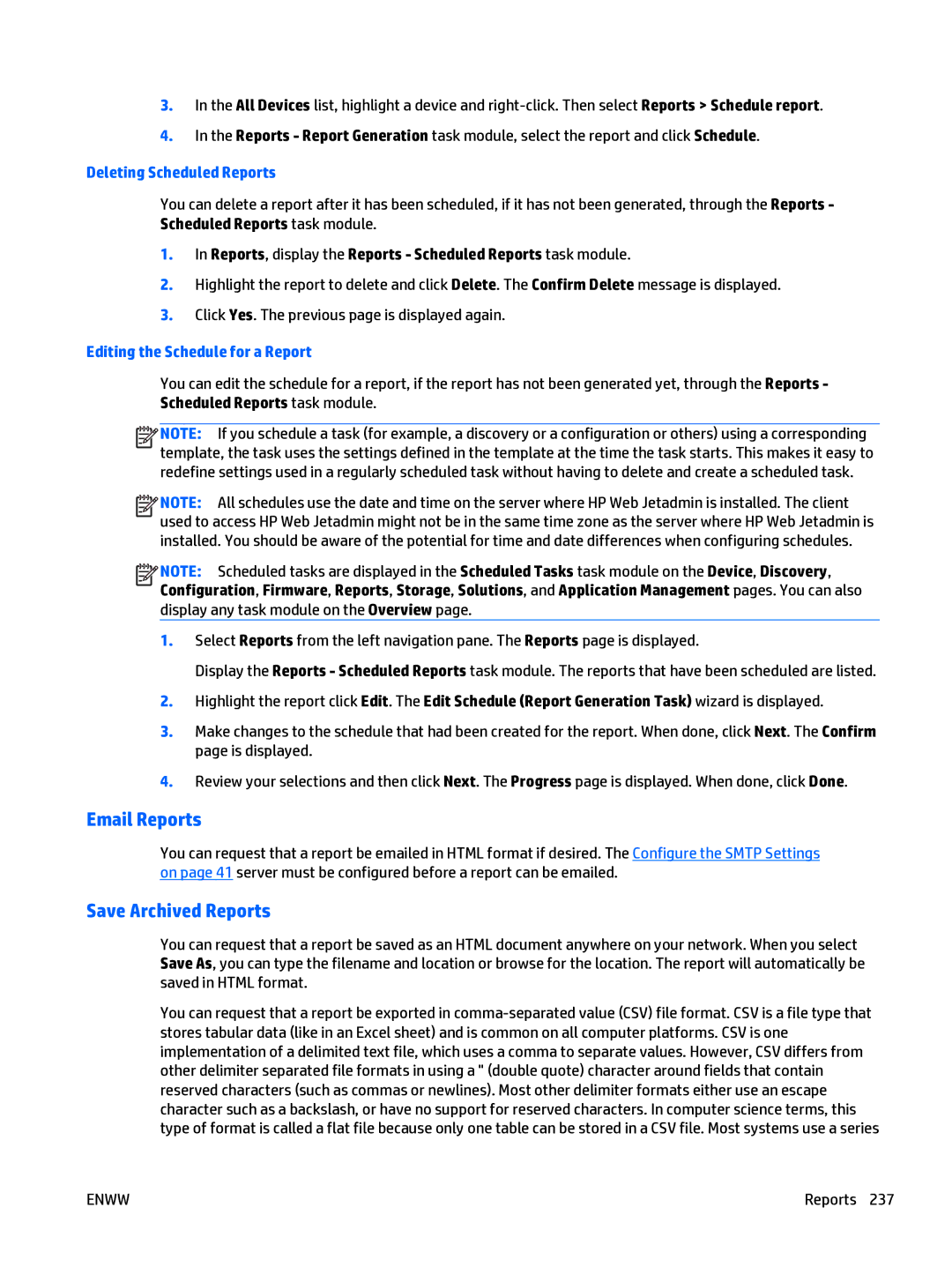 HP Web Jetadmin Software manual Email Reports, Save Archived Reports, Deleting Scheduled Reports 