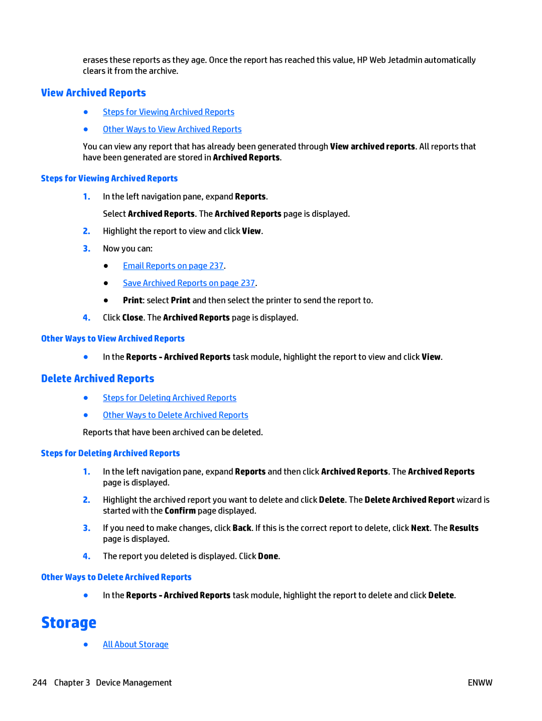 HP Web Jetadmin Software manual Storage, View Archived Reports, Delete Archived Reports 