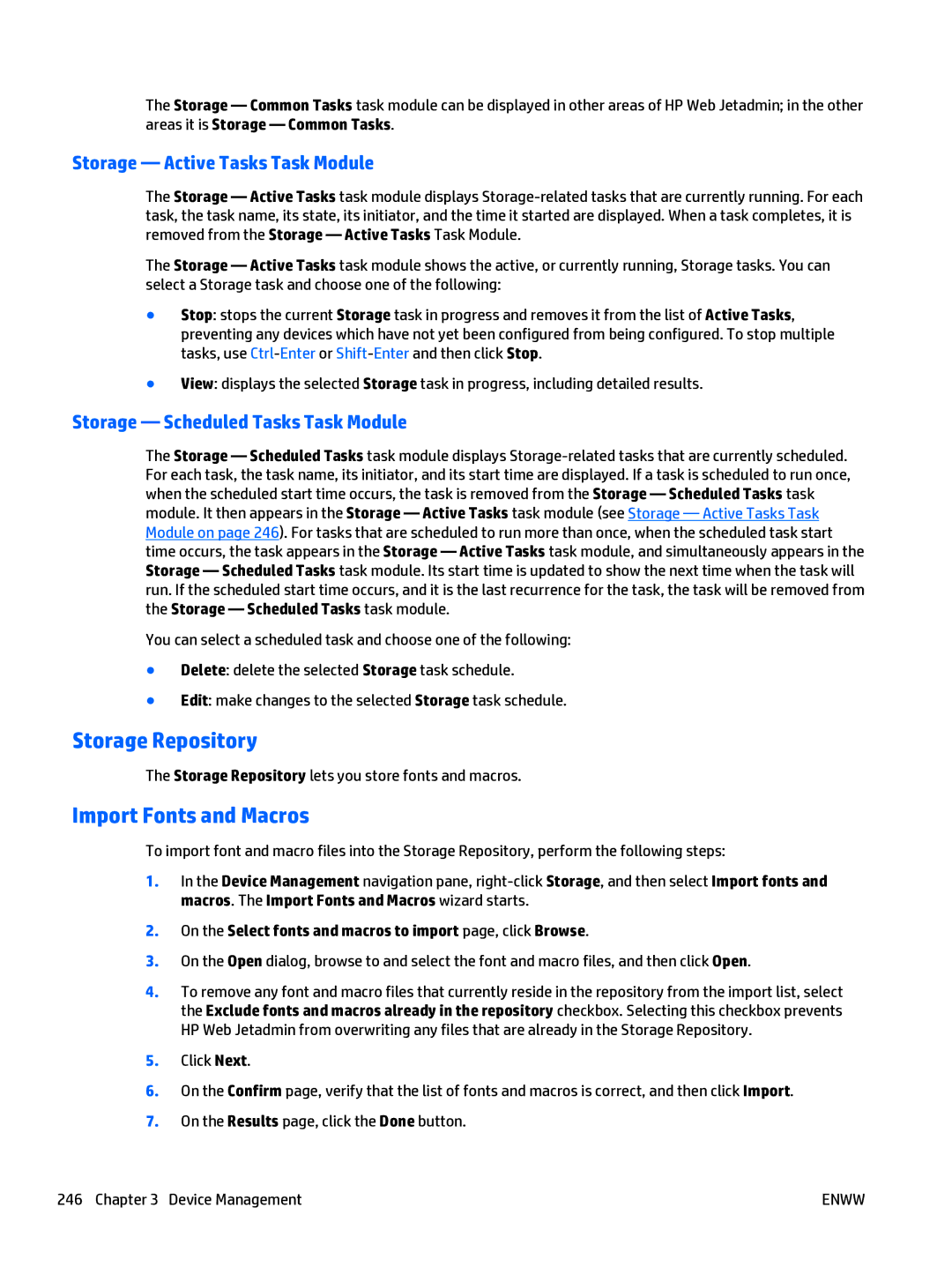 HP Web Jetadmin Software manual Storage Repository, Import Fonts and Macros, Storage Active Tasks Task Module 