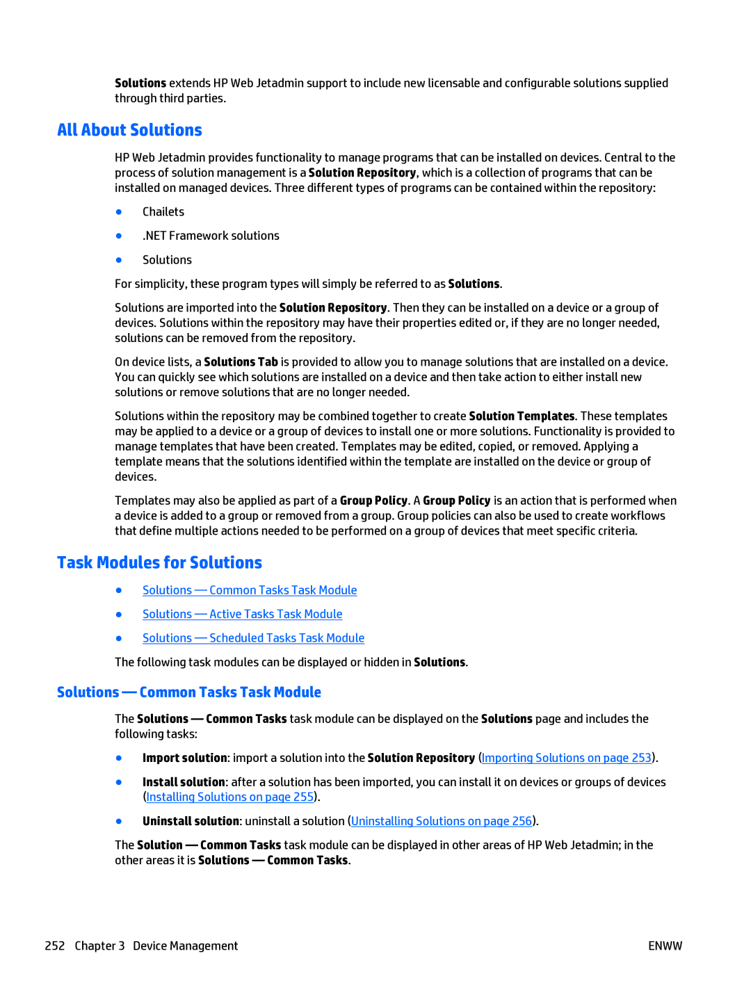 HP Web Jetadmin Software manual All About Solutions, Task Modules for Solutions, Solutions Common Tasks Task Module 