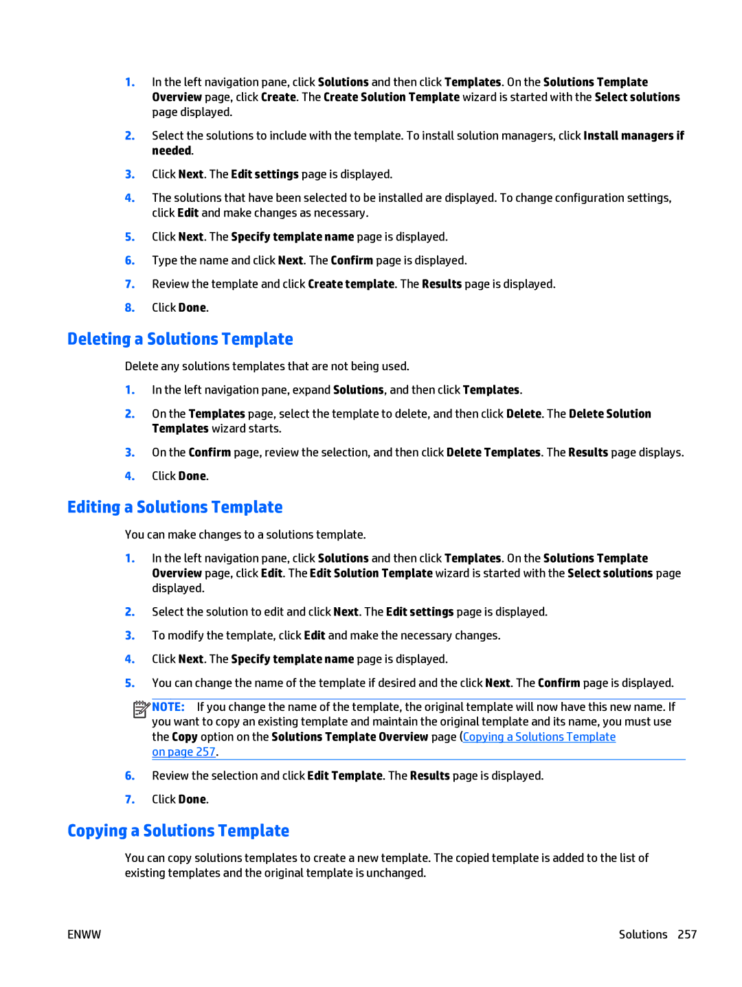 HP Web Jetadmin Software manual Deleting a Solutions Template, Editing a Solutions Template, Copying a Solutions Template 