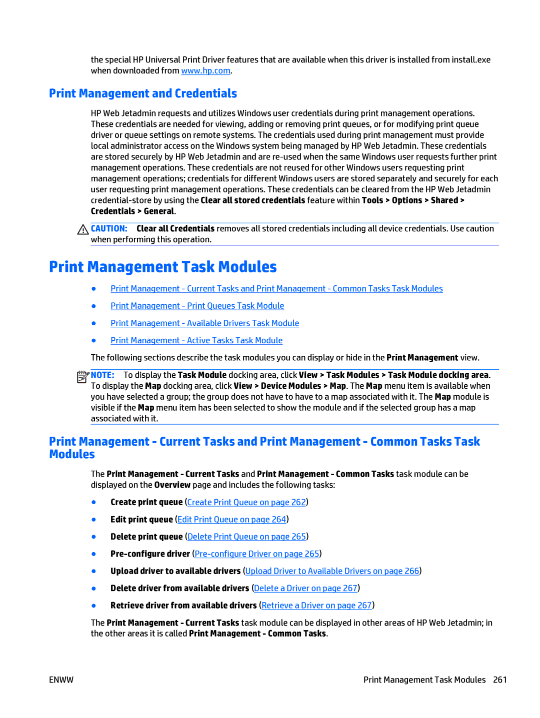 HP Web Jetadmin Software manual Print Management Task Modules, Print Management and Credentials 