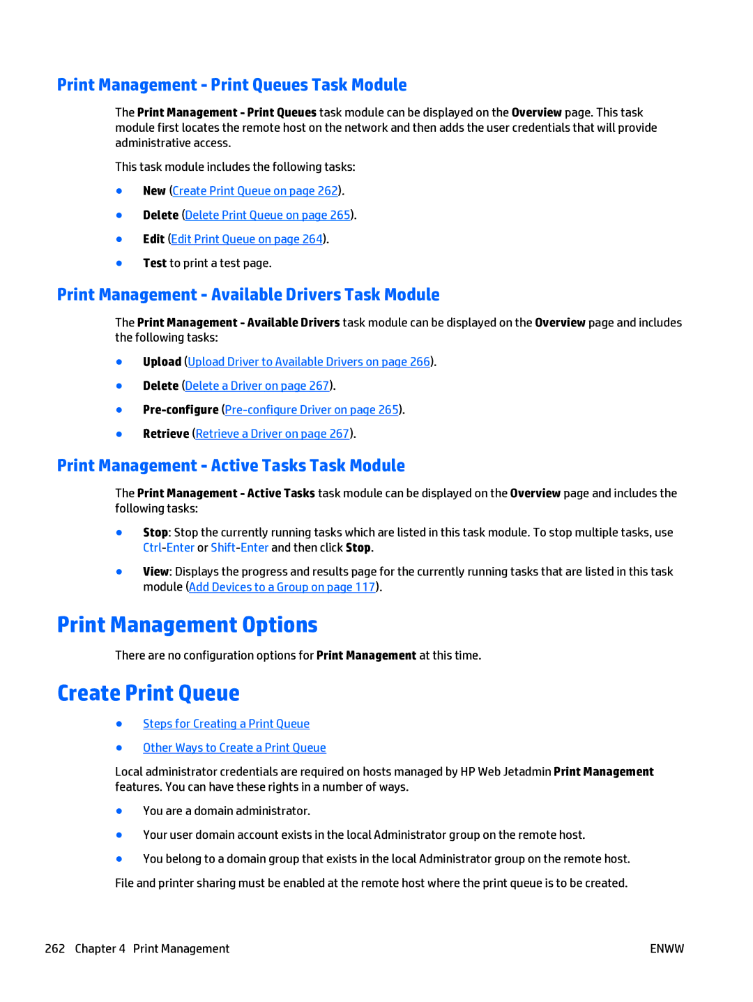 HP Web Jetadmin Software manual Print Management Options, Create Print Queue, Print Management Print Queues Task Module 