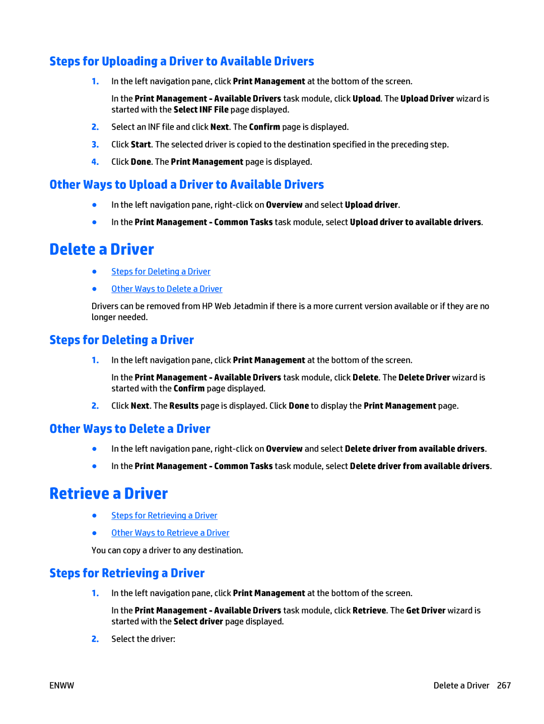 HP Web Jetadmin Software manual Delete a Driver, Retrieve a Driver 