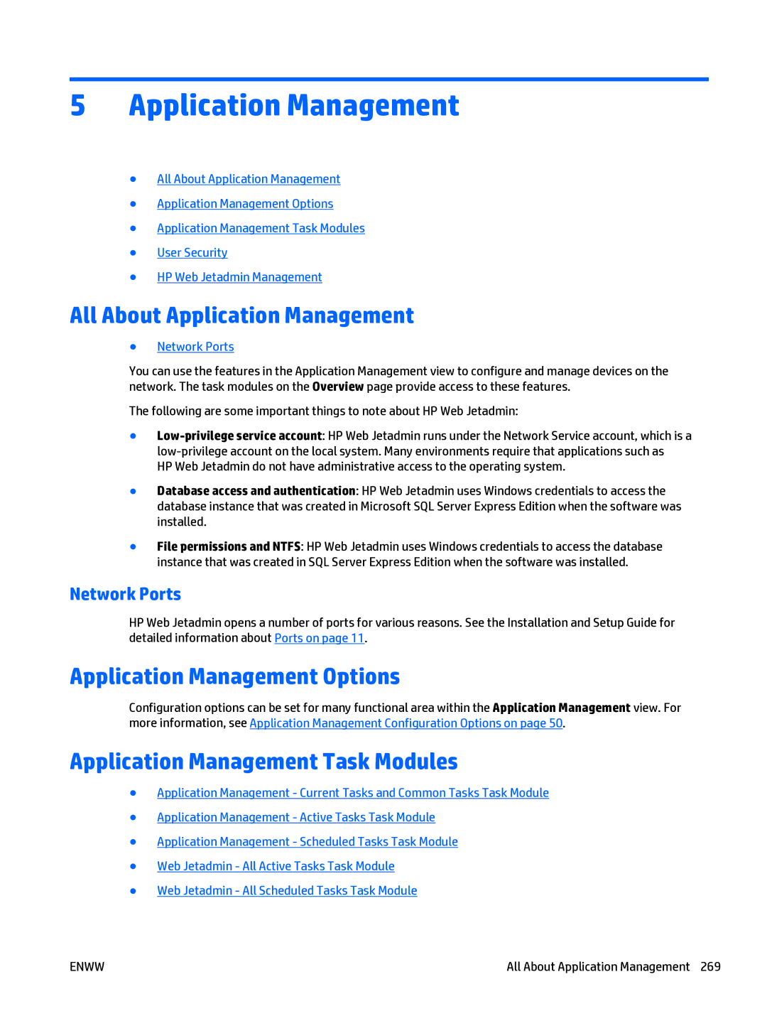 HP Web Jetadmin Software manual All About Application Management, Application Management Options, Network Ports 