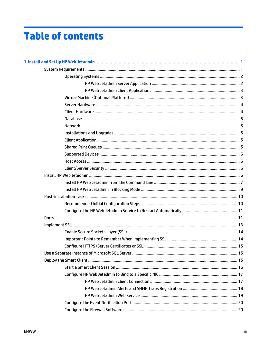 HP Web Jetadmin Software manual Table of contents 