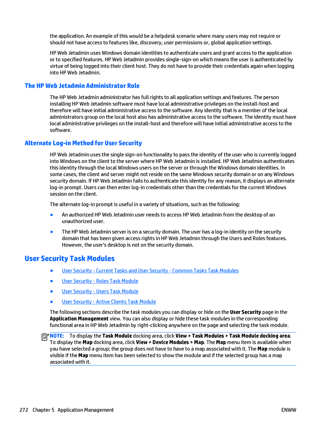 HP Web Jetadmin Software manual User Security Task Modules, HP Web Jetadmin Administrator Role 