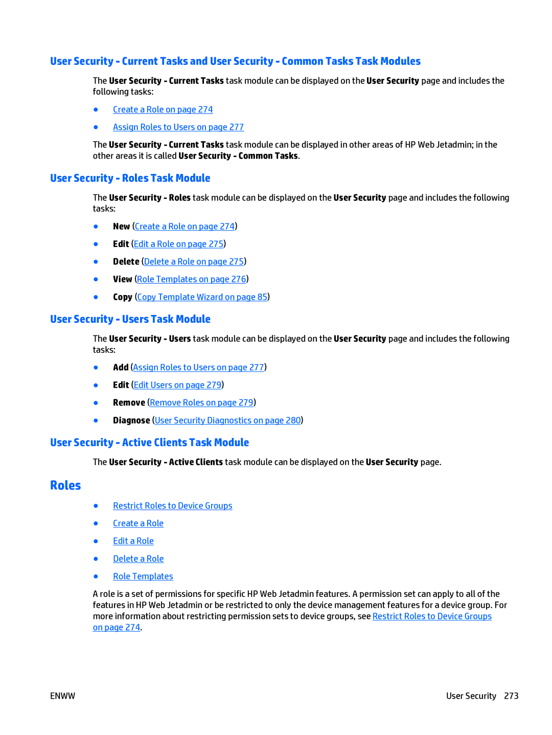 HP Web Jetadmin Software manual User Security Roles Task Module, User Security Users Task Module 