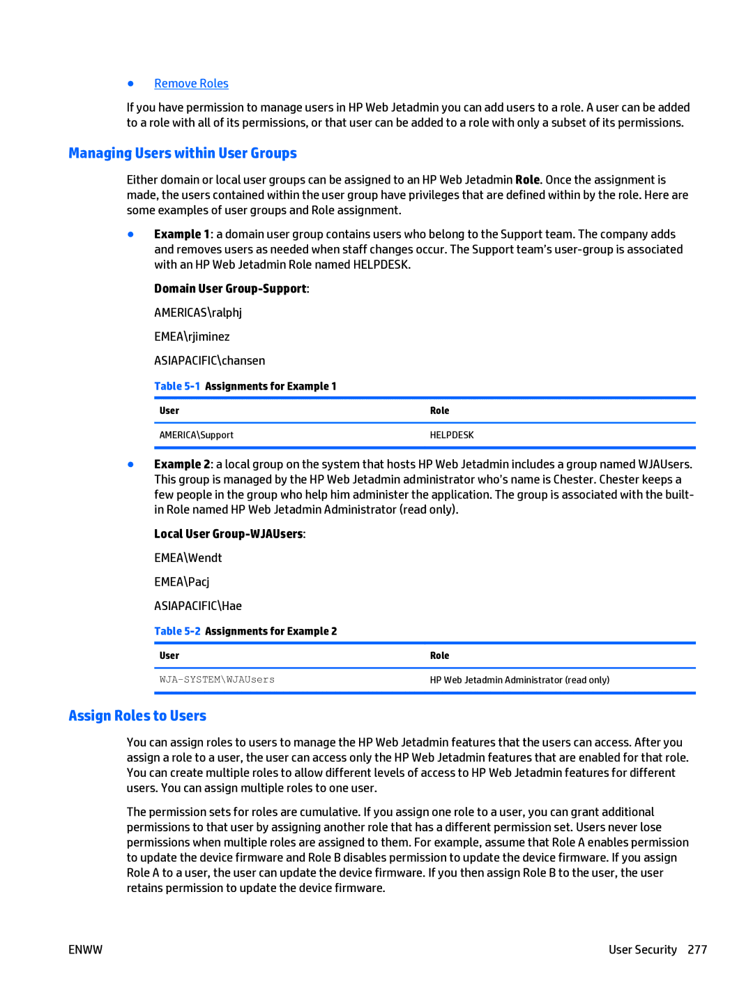 HP Web Jetadmin Software manual Managing Users within User Groups, Assign Roles to Users, Remove Roles 