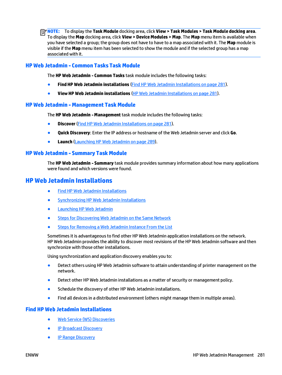 HP Web Jetadmin Software manual HP Web Jetadmin Installations, HP Web Jetadmin Common Tasks Task Module 