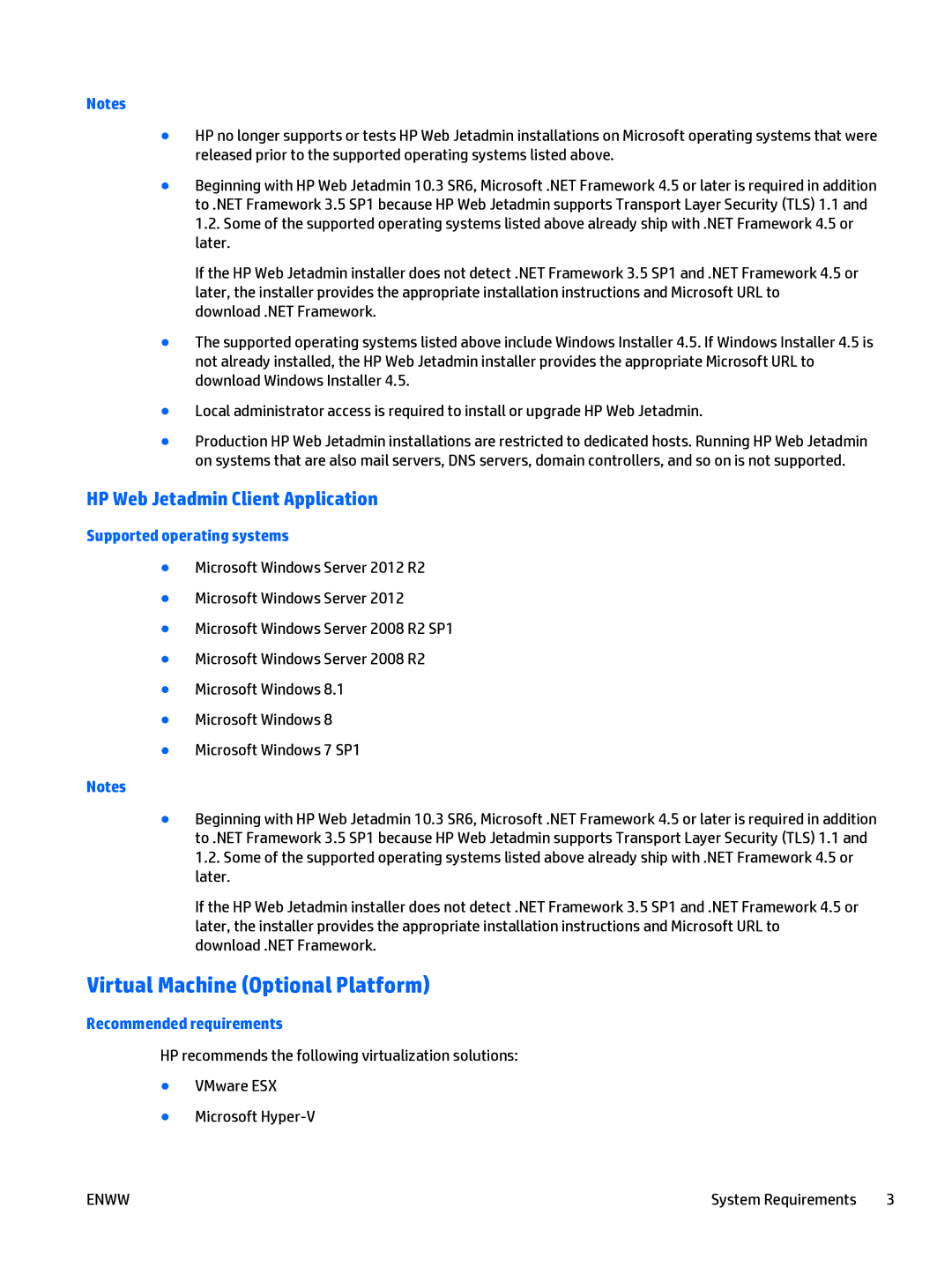 HP Web Jetadmin Software Virtual Machine Optional Platform, HP Web Jetadmin Client Application, Recommended requirements 