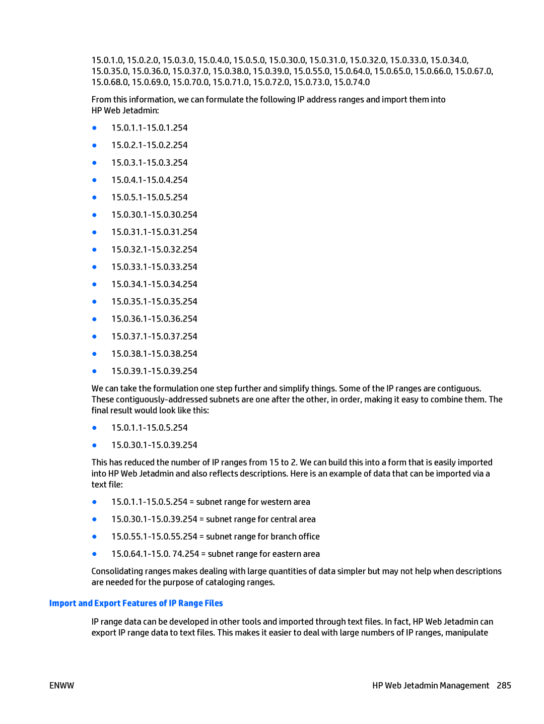 HP Web Jetadmin Software manual Import and Export Features of IP Range Files 