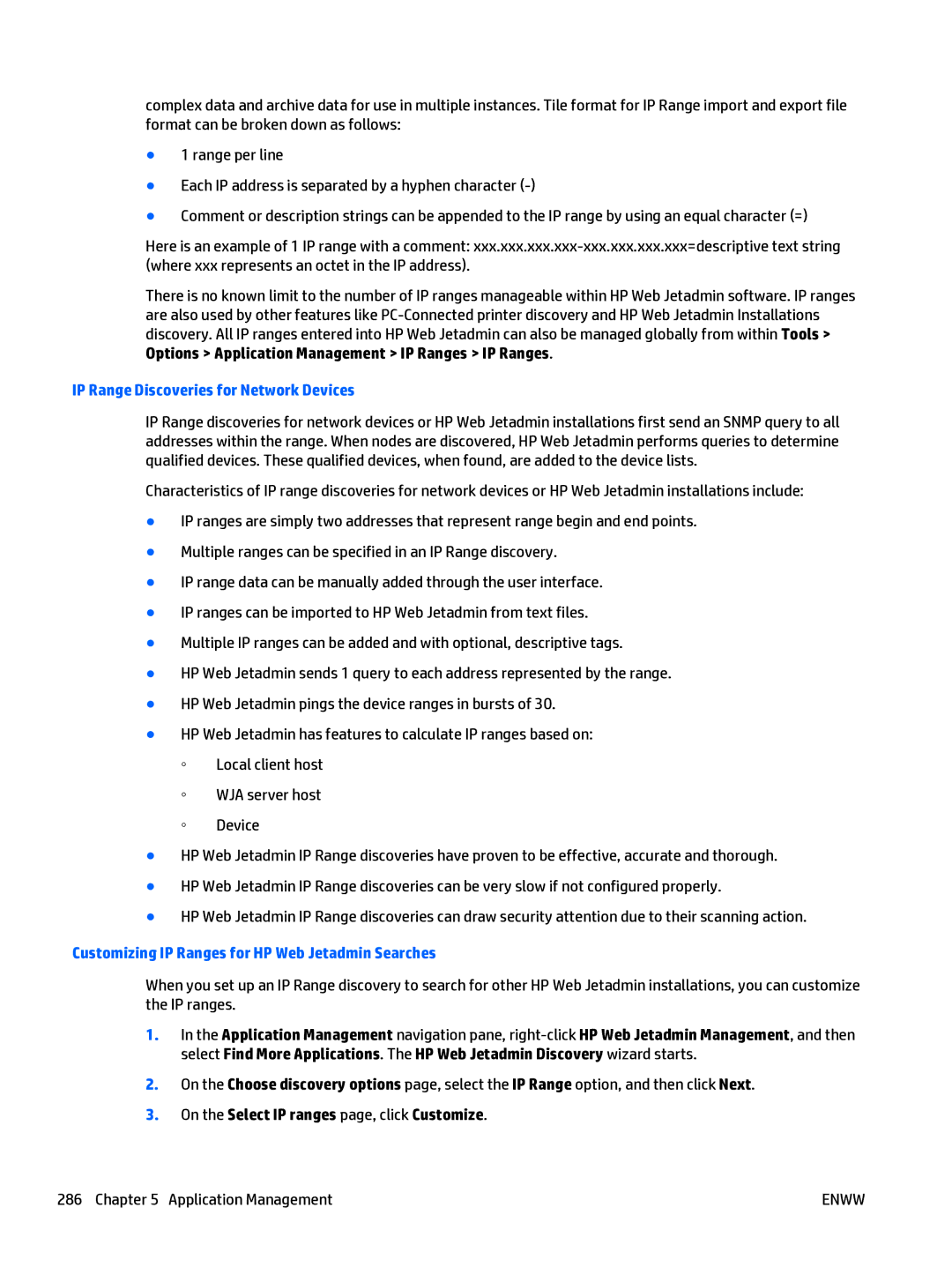 HP Web Jetadmin Software IP Range Discoveries for Network Devices, Customizing IP Ranges for HP Web Jetadmin Searches 