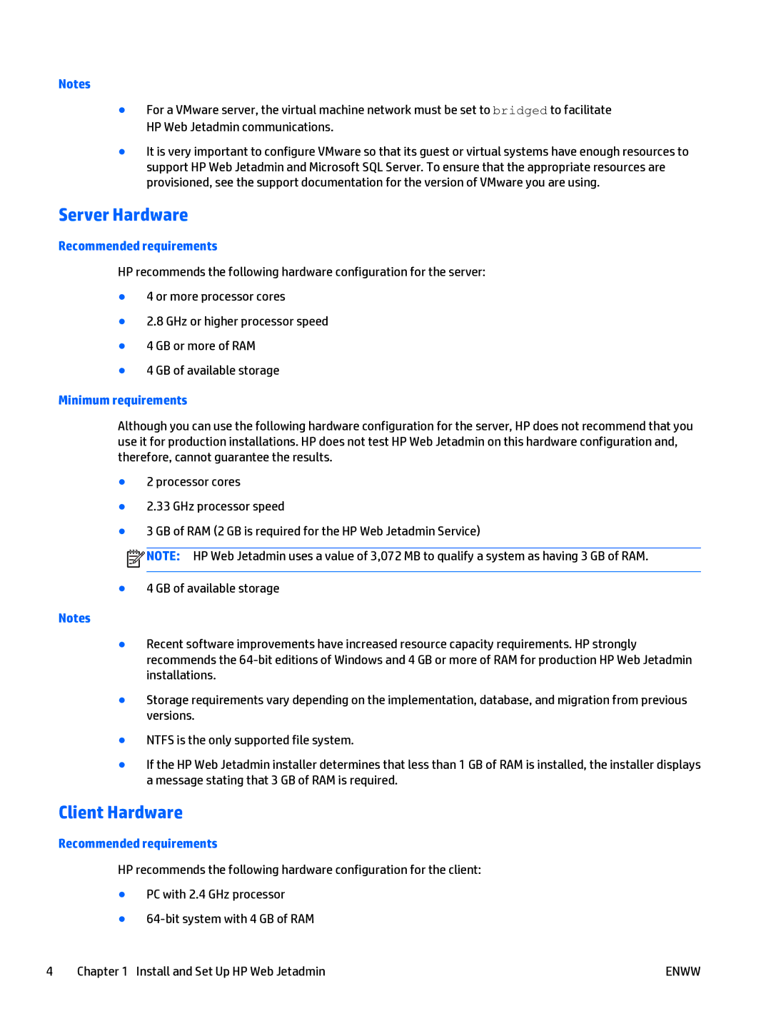 HP Web Jetadmin Software manual Server Hardware, Client Hardware, Minimum requirements 