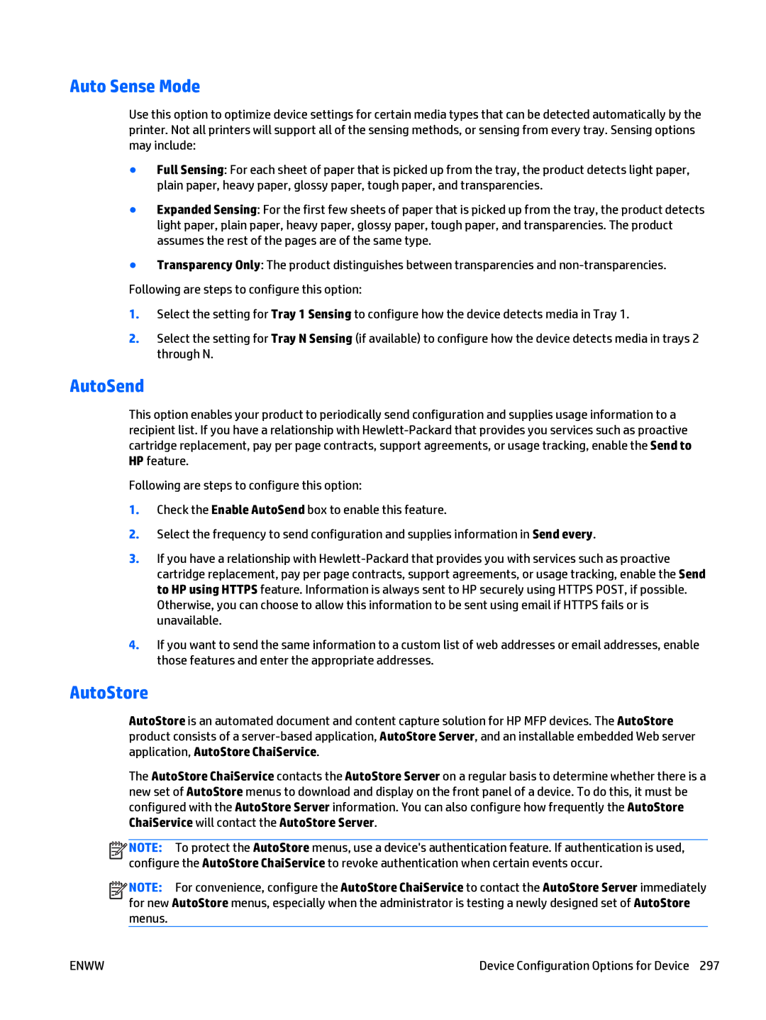 HP Web Jetadmin Software manual Auto Sense Mode, AutoSend, AutoStore 