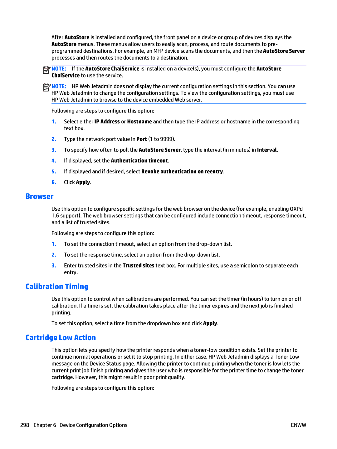 HP Web Jetadmin Software manual Browser, Calibration Timing, Cartridge Low Action 