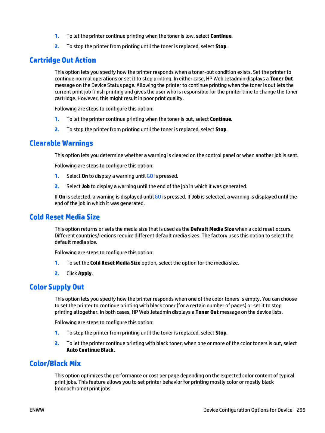 HP Web Jetadmin Software manual Cartridge Out Action, Clearable Warnings, Cold Reset Media Size, Color Supply Out 