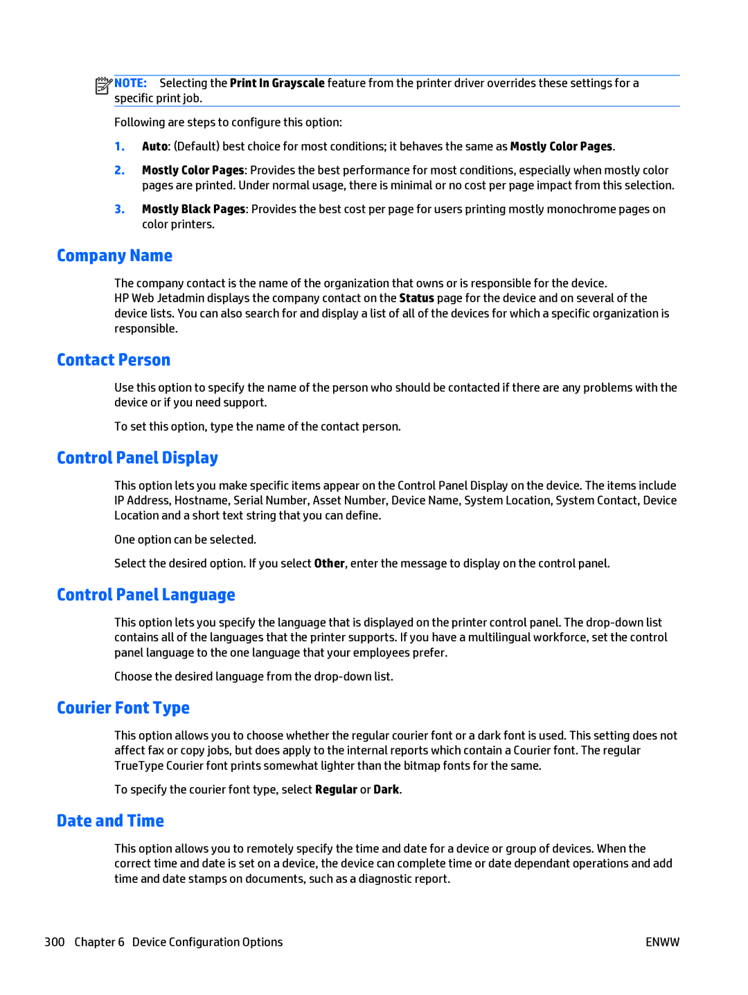 HP Web Jetadmin Software Company Name, Contact Person, Control Panel Display, Control Panel Language, Courier Font Type 