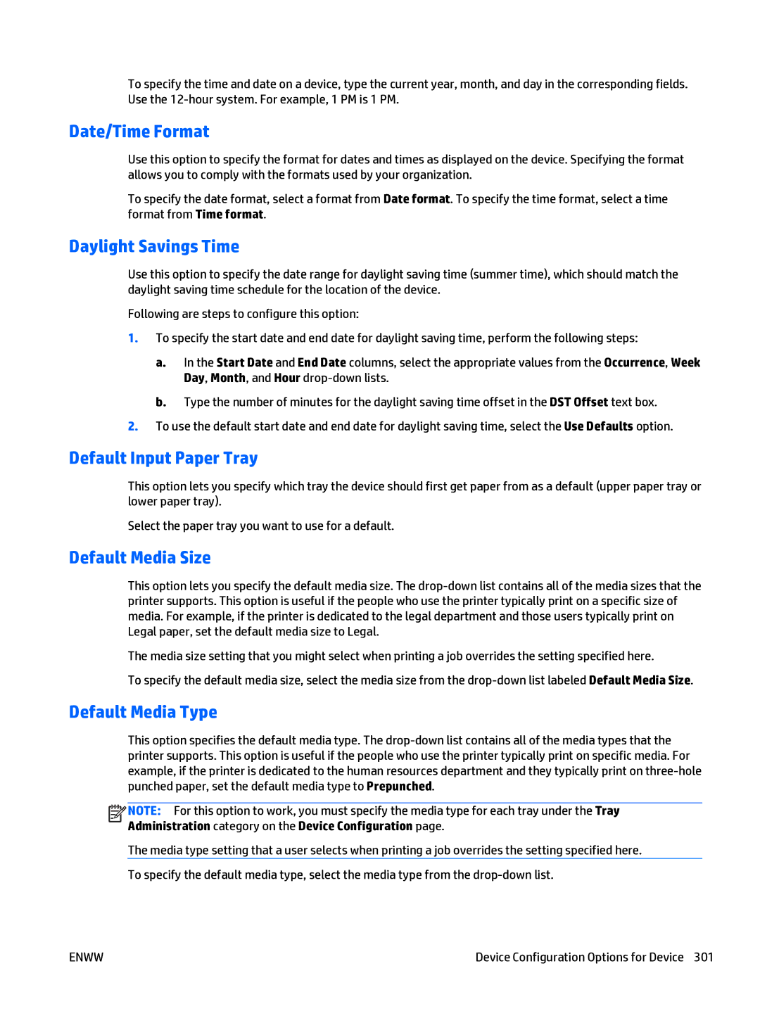 HP Web Jetadmin Software manual Date/Time Format, Daylight Savings Time, Default Input Paper Tray, Default Media Size 