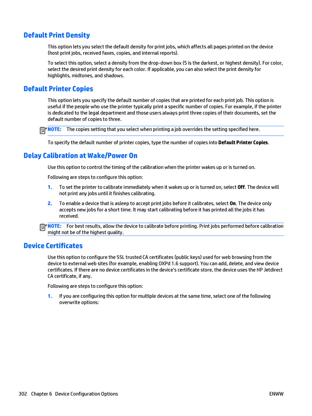 HP Web Jetadmin Software manual Default Print Density, Default Printer Copies, Delay Calibration at Wake/Power On 