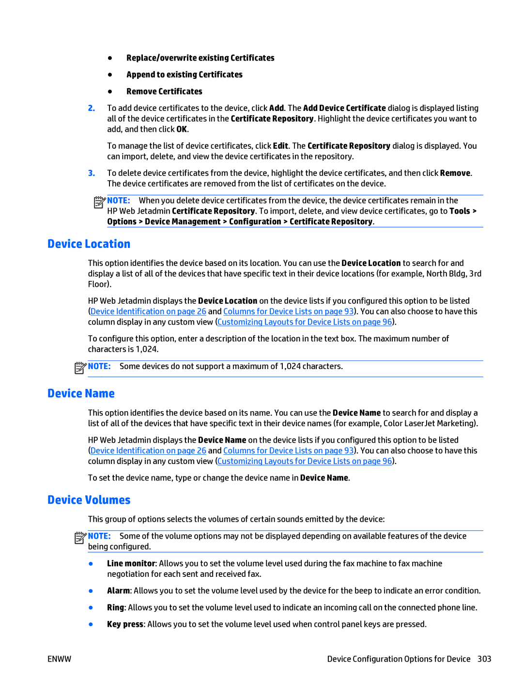 HP Web Jetadmin Software manual Device Location, Device Name, Device Volumes 