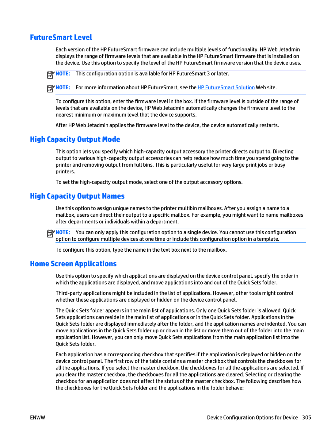 HP Web Jetadmin Software manual FutureSmart Level, High Capacity Output Mode, High Capacity Output Names 