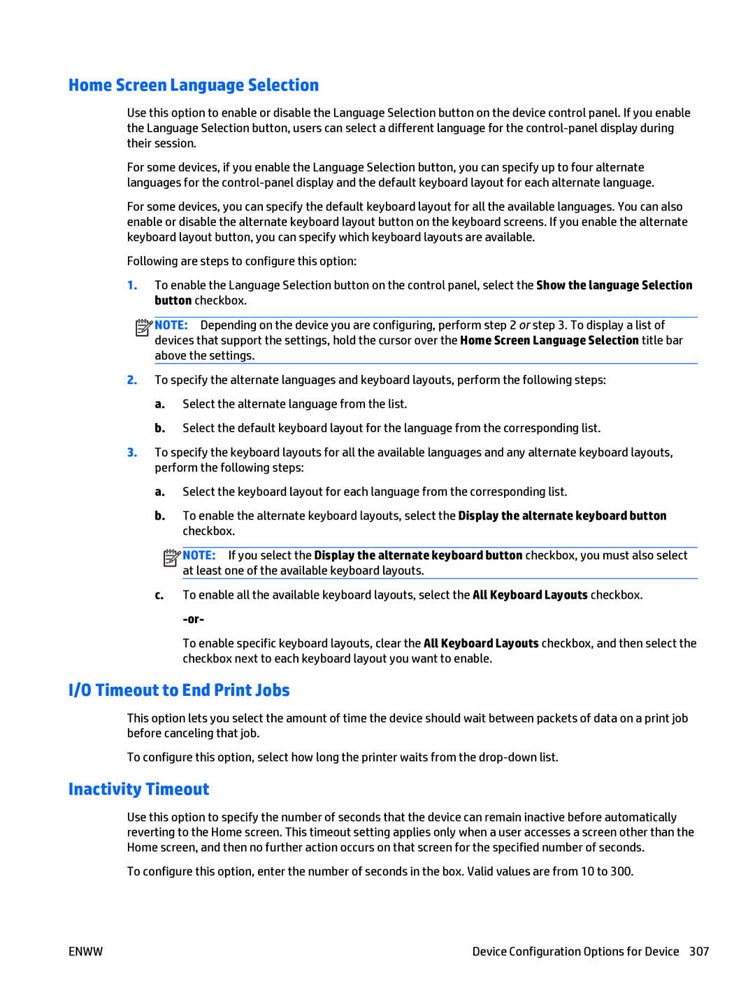 HP Web Jetadmin Software manual Home Screen Language Selection, Timeout to End Print Jobs, Inactivity Timeout 