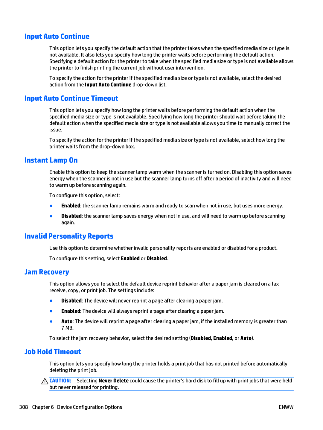 HP Web Jetadmin Software manual Input Auto Continue Timeout, Instant Lamp On, Invalid Personality Reports, Jam Recovery 