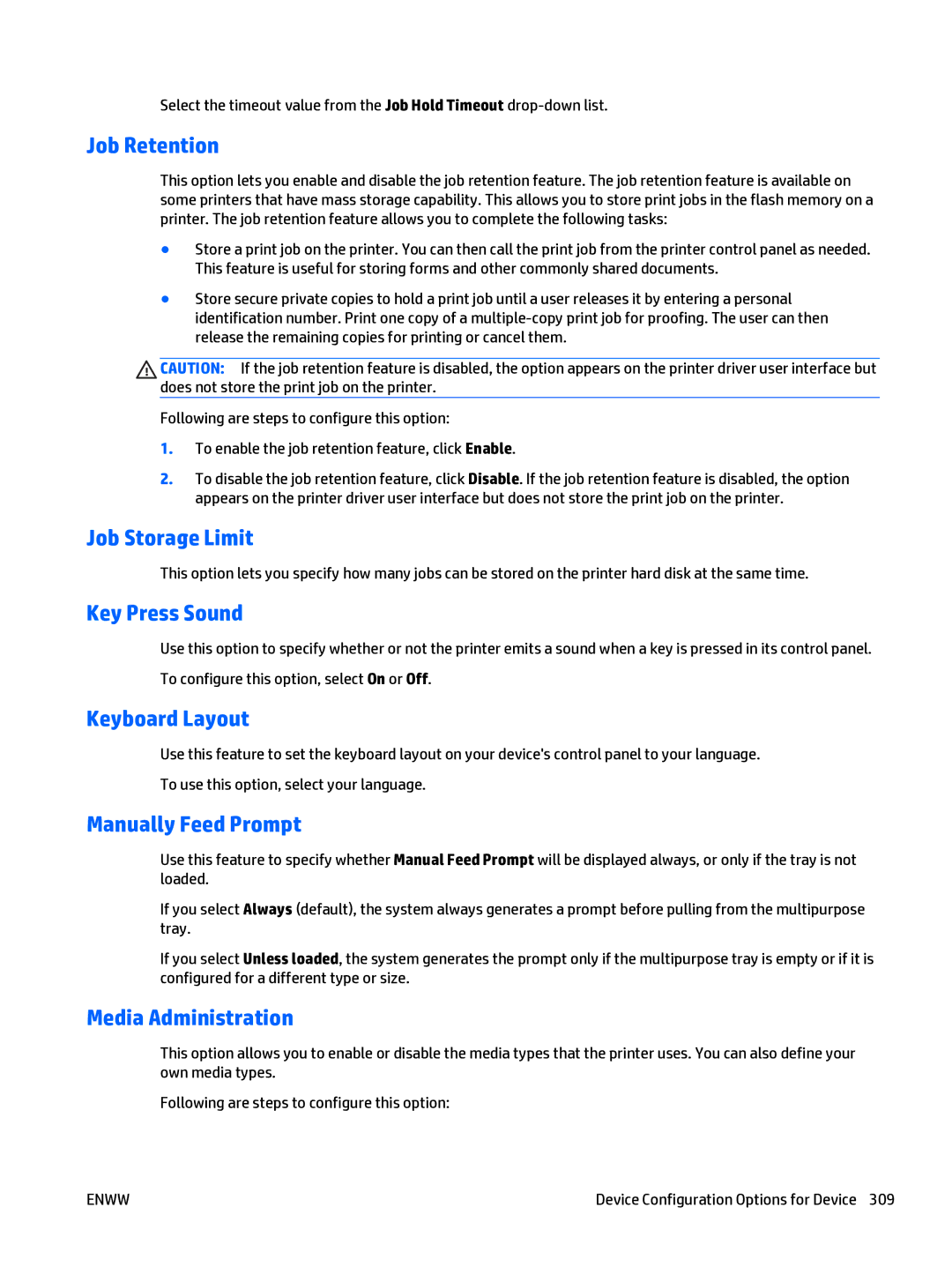 HP Web Jetadmin Software manual Job Retention, Job Storage Limit, Key Press Sound, Keyboard Layout, Manually Feed Prompt 