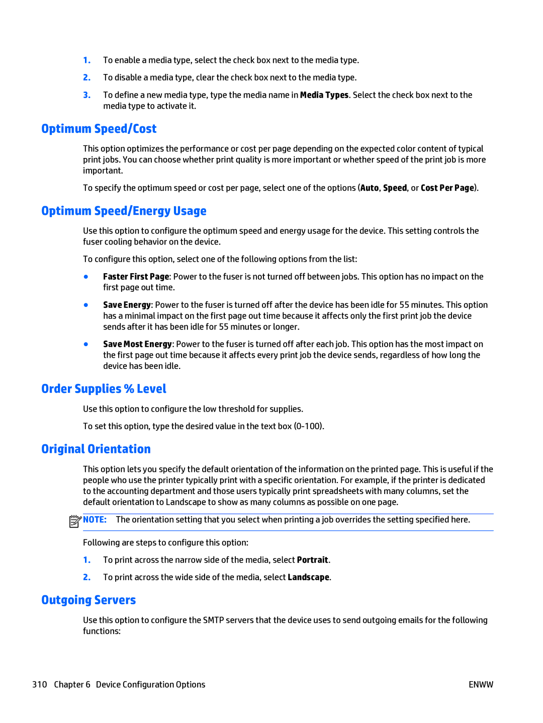 HP Web Jetadmin Software Optimum Speed/Cost, Optimum Speed/Energy Usage, Order Supplies % Level, Original Orientation 