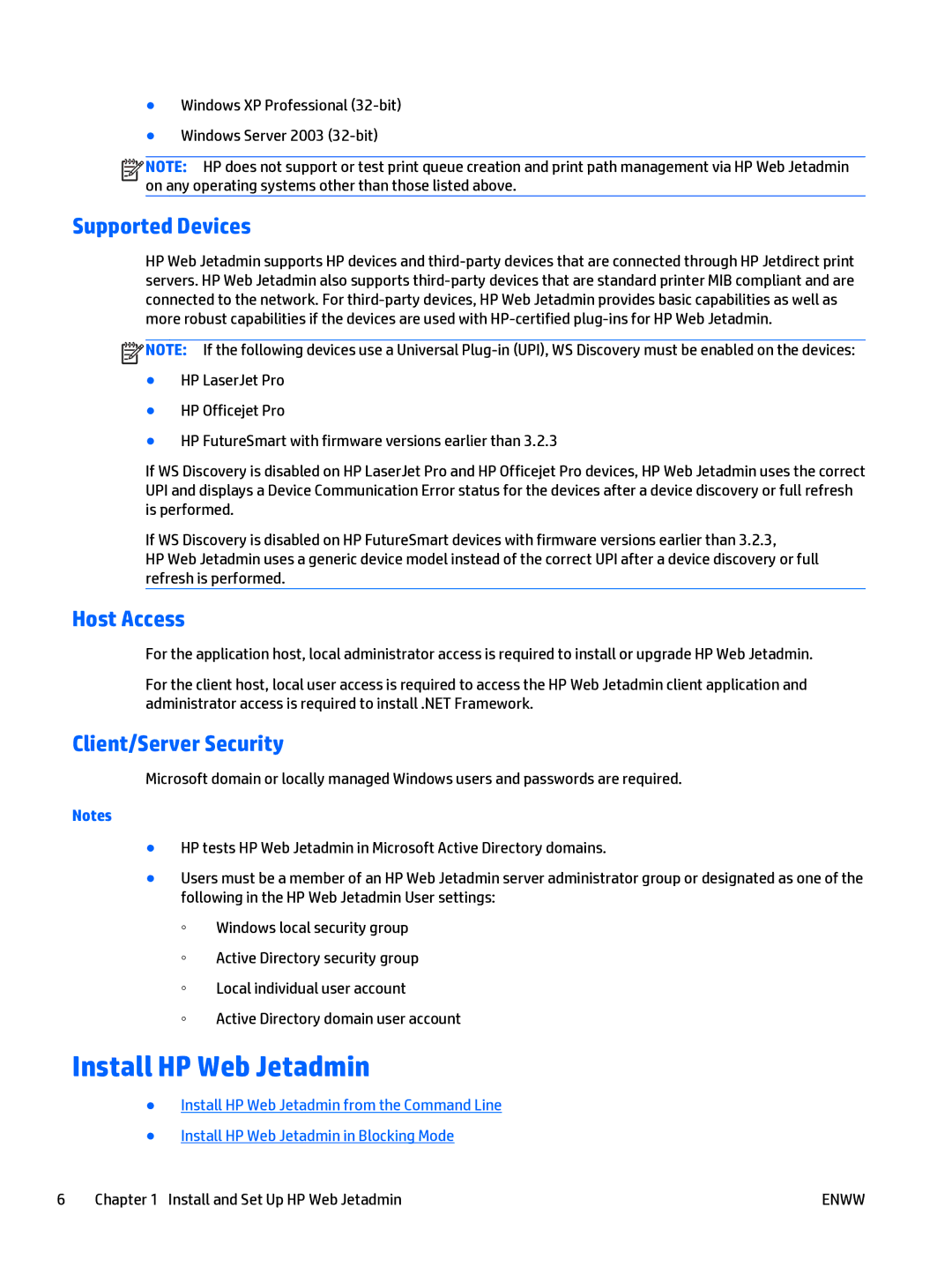 HP Web Jetadmin Software manual Install HP Web Jetadmin, Supported Devices, Host Access, Client/Server Security 