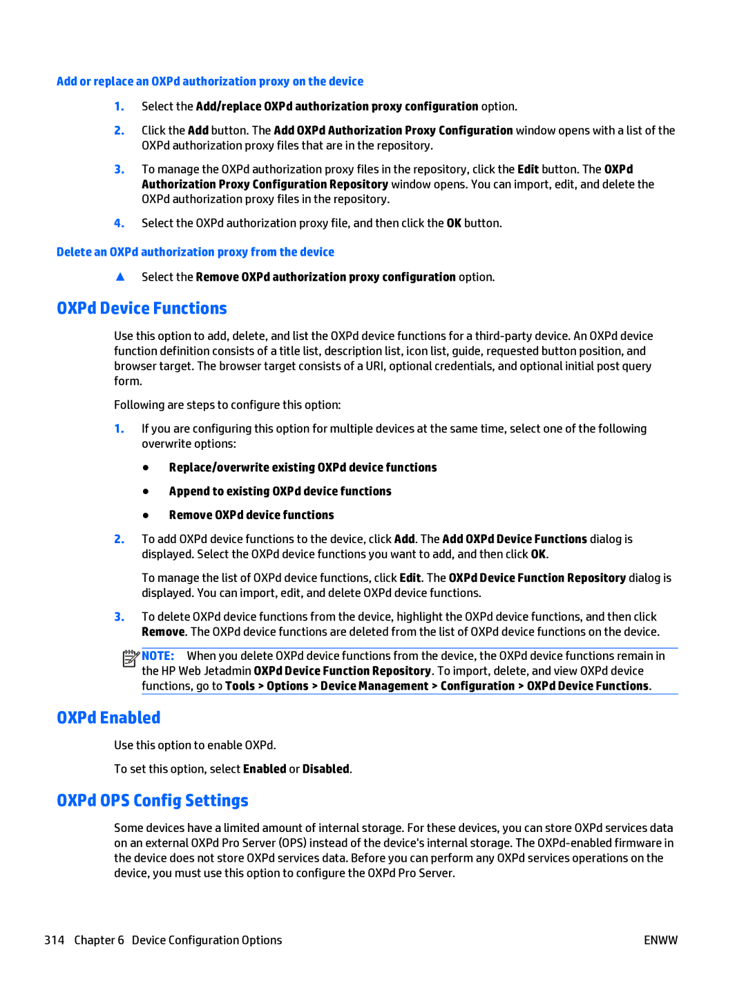 HP Web Jetadmin Software manual OXPd Device Functions, OXPd Enabled, OXPd OPS Config Settings 
