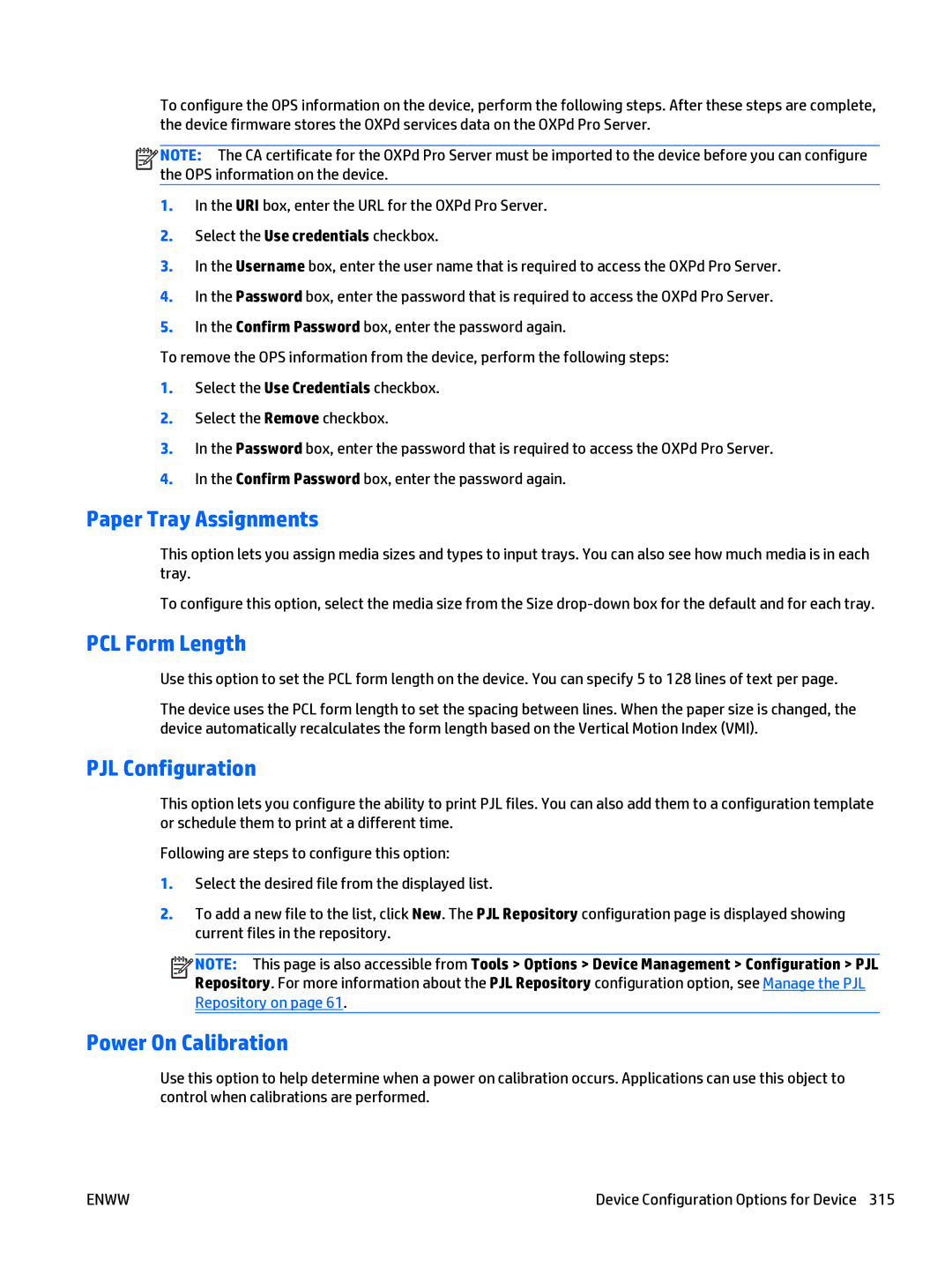 HP Web Jetadmin Software manual Paper Tray Assignments, PCL Form Length, PJL Configuration, Power On Calibration 