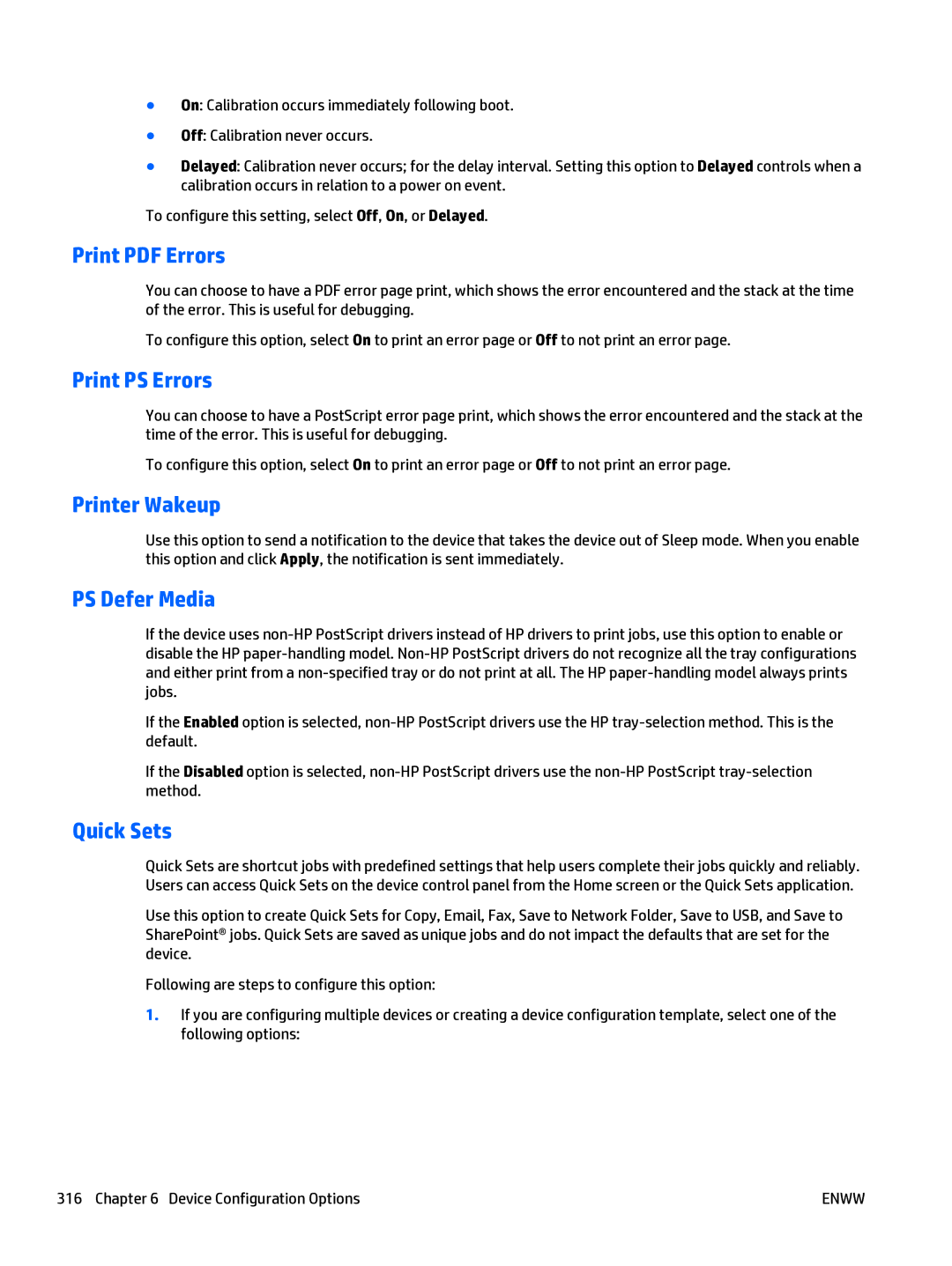 HP Web Jetadmin Software manual Print PS Errors, Printer Wakeup, PS Defer Media, Quick Sets 