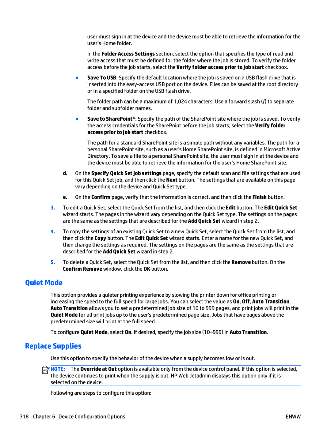 HP Web Jetadmin Software manual Quiet Mode, Replace Supplies 